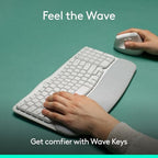 Logitech Wave Keys Ergonomic Wireless Keyboard with Palm Rest - Off White - Image 2