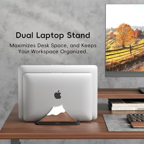 AFOOYO Vertical Dual Laptop Stand - Snow Peak-Shaped Walnut Adjustable Laptop Holder,2 Slots Desktop Dock Compatible with All MacBook, Surface,Chromebook,Dell & More(Walnut) - Image 5
