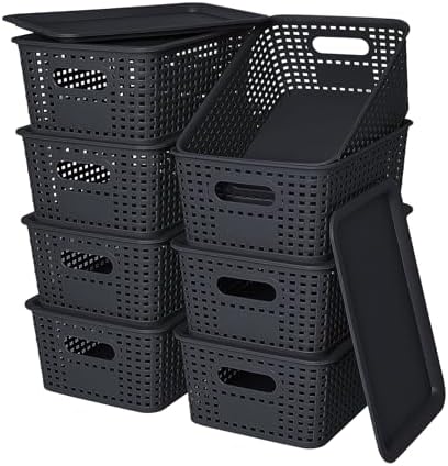 Ohmlove 8 Pack Plastic Storage Baskets with Lids for Organization by OHMLOVE