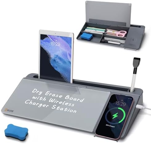 SELEAD Desktop Glass Whiteboard with Wireless Charger and Storage, Gray by SELEAD
