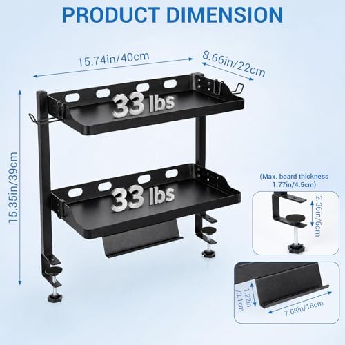 GarveeLife 1PC Adjustable 2-Tier Clamp-On Desk Shelf, Black Metal Over-the-Table Desk Organizer, Double-Layer Desk Storage Rack with Headphone Hooks for Home & Office - Image 2