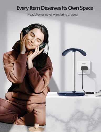 Miroddi Headphone Stand with Wireless Charger, Independent USB Charging Port, 5 in 1 Charging Station Headset Holder Rack for iWatch, iPhone, Samsung and Desk All Headphones, Dark Blue - Image 6