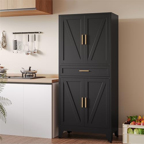 COFaR 71" Metal Pantry Cabinet with Drawer, Black Storage Cabinet with Adjustable Shelves, 3-Section Industrial Cupboard for Kitchen & Office - Image 3