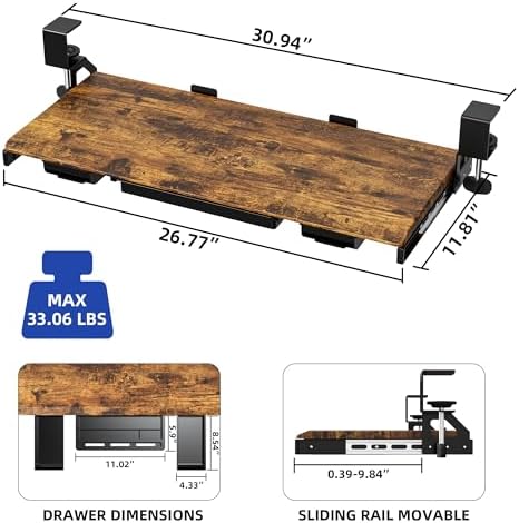 ETHU Under Desk Keyboard Tray with Metal Slide Rail, 26.8x11.8", Walnut - Image 2