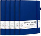 feela 5 Pack Journal Notebook Bulk for School, Hardcover Business Notebooks Classic Ruled Lined Journals with Pen Holder for Work Note Taking, with 5 Black Pens, 120 GSM, 5.1”x8.3”, A5, Navy by feela
