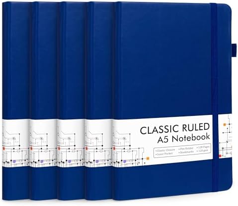 feela 5 Pack Journal Notebook Bulk for School, Hardcover Business Notebooks Classic Ruled Lined Journals with Pen Holder for Work Note Taking, with 5 Black Pens, 120 GSM, 5.1”x8.3”, A5, Navy by feela