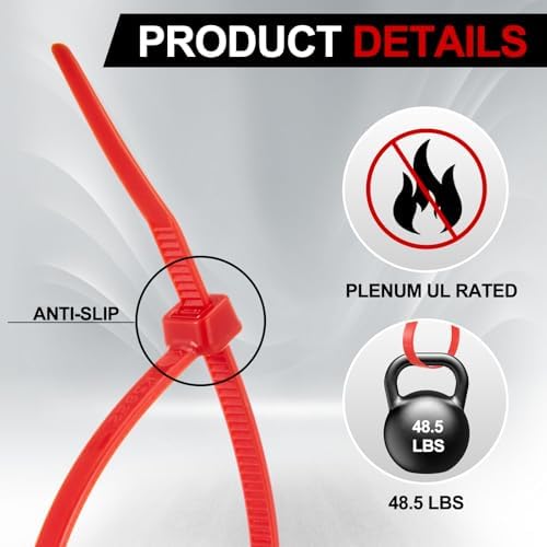 SATINIOR 500 Pcs 8 Inch Red Plenum Cable Ties Bulk, 50 lb Zip Ties - Image 3