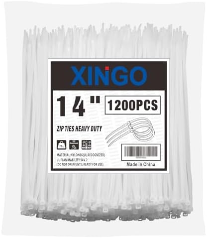 XINGO 14 Inch White Zip Ties 1200 PCS, 75 LBS Tensile Strength, UV Resistant Cable Ties, Self-locking Plastic Ties for Indoor and Outdoor Use by XINGO