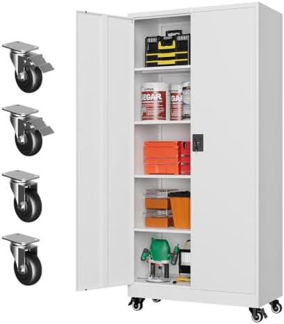 MIIIKO 75" Tall Metal Storage Cabinet with Wheels,Garage Storage Cabinets with Lock,Heavy Duty Tool Cabinets with 2 Doors and 4 Shelves for Garage,Home Office,Shop,Warehouse（White） by MIIIKO