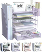 WALI Desk File Organizer, 6 Tier Desktop Paper Letter Tray Organizer with Drawer and 2 Pen Holders, Office Desk Accessories & Workspace Organizers for Office, Home Supplies(DO007DH-V), 1 Pack, Purple by WALI