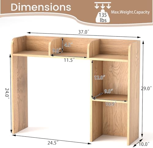 Desktop Bookshelf, 3-Tier Wood Countertop Bookcase with 5 Shelves, Desk Hutch for College Dorm, Multipurpose Desk Organizer Shelf Display Rack for Home Office, Hutch Top Only - Image 3