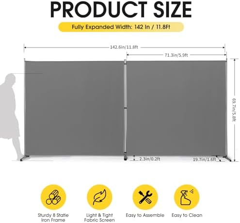 Rantila Indoor Room Divider, Portable Office Divider, Room Divider Wall Screen 2 Large Panel, Folding Partition Privacy Screen Walls Dividers for Room Separator 142" W x 71" H,Gray - Image 2