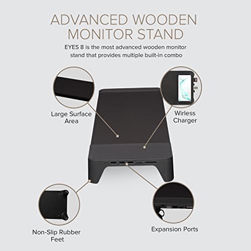 POUT E8 Wood Desk Monitor Computer Stand Riser Shelf + USB HUB + Qi Fast Wireless Charging Charger Pad Mat for Laptop, Apple, iMac, PC, iPhone, Samsung Galaxy, Airpod 2, Buds (Black) - Image 5