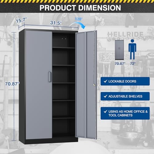 Fesbos Metal Cabinet Steel Storage Cabinet - 71” Tall File Cabinets with Lockable Doors and 5 Adjustable Shelves Black&Gray Steel Storage Cabinets for Home, School, Office, Garage - Image 3