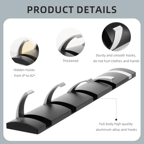 2 Pack Foldable Stylish Modern Hook Rack with 5 Hooks, Coat Hooks Wall Mount, Metal Coat Hook Rail for Coat Hat Towel Purse Robes Mudroom Bathroom Entryway (Black and Silver) - Image 4