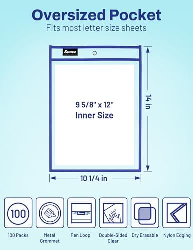 SUNEE 100 Packs Oversized Reusable Dry Erase Pocket Sleeves with 5 Rings, 10 Assorted Colors 10x14 Ticket Holders, Clear Plastic Sheet Protectors, Teacher School Classroom Supplies - Image 2