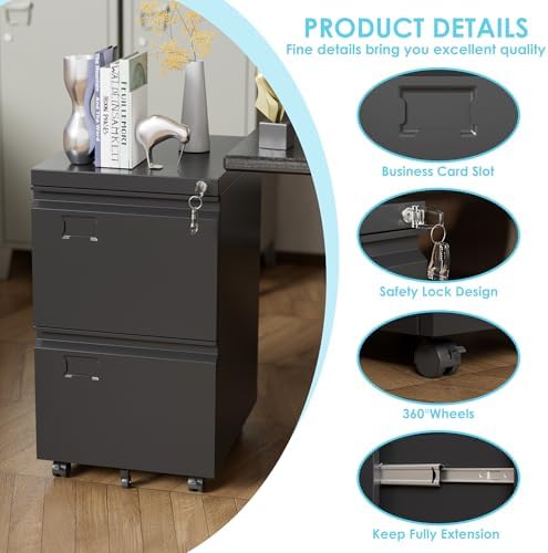 Aobabo 2 Drawer Rolling Metal File Cabinet with Lock, 5 Wheels, Black - Image 4