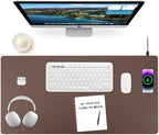 Wireless Charging Mouse Pad 2 in 1 Leather Multifunctional Office Desk Pad with Non-Slip Rubber Base, Waterproof Desk Pad for Computers/Office/Work/Home/Decor 36" x 17" Brown by Firelison