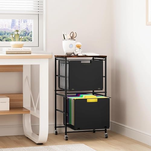 EasyPAG Rolling Storage Cart with 2 Drawers, Under Desk File Cabinet on Lockable Wheels, Movable Letter Size Hanging File Folder Organizer with Wooden Printer Stand for Home Office, Black - Image 7