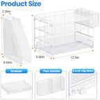 OPNICE Desk Organizers and Accessories, 4-Tier Desktop File Organizer with Drawer and Pen Holders, Office Desk Accessories Workspace Organizers for Office Supplies (Soft White) - Image 4