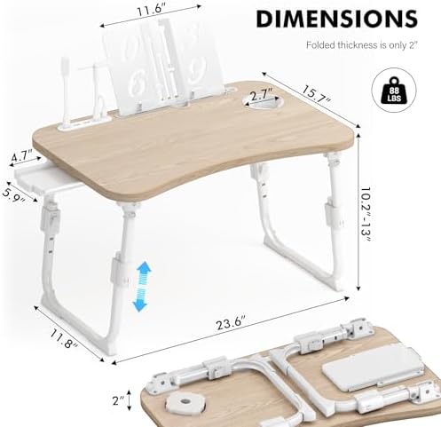 Lap Desk for Bed Adjustable Height, Foldable Bed Table with Storage Drawer, Tablet Slot & Cup Holder, Portable Laptop Stand for Bed & Sofa, Bed Desk for Adults & Kids, Glacier - Image 3