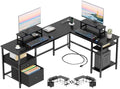 Furologee 66 Inch L Shaped Desk with 2 Drawers and Power Outlet, Black by Furologee