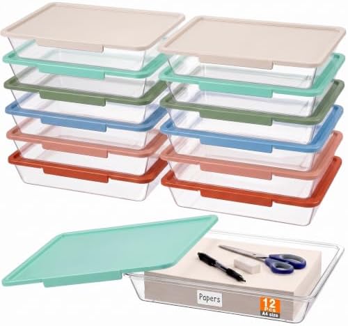 Tinlade 12 Pack Classroom Clear Paper Storage Bins with Lids, Boho by Tinlade