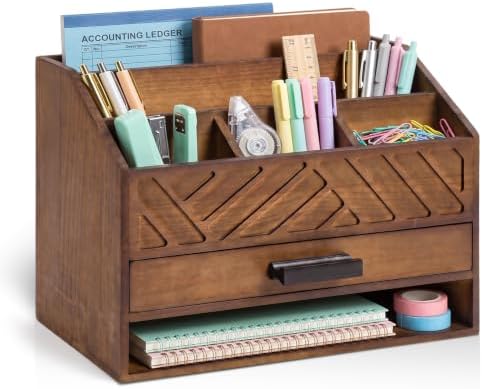 Wooden Desk Organizer with 7 Compartments and Drawer, Rustic Desktop Mail Organizer for Desk, Wooden Mail Sorter Organizer with Deep Pockets, File Holder and Sturdy Black Handle for Home Office-Brown by Unknown