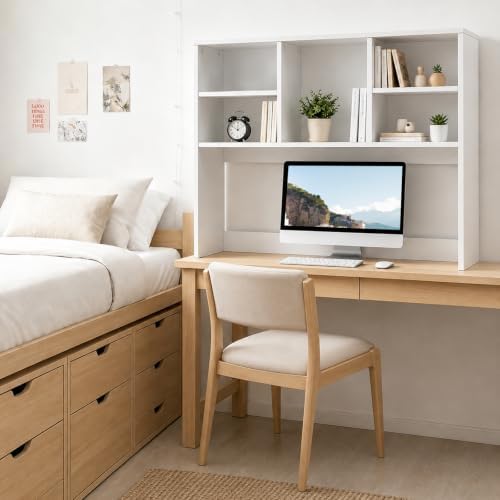 Desktop Bookshelf Organizer for College Dorm, Desk Hutch with LED Light Strip, White - Image 2