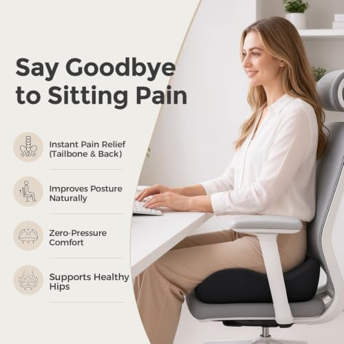 Sytopia Extra Large Office Chair Cushion, 19" x 17" Ergonomic Memory Foam Seat Cushion, Pressure Relief for Tailbone Pain, Sciatica & Hip Pain, Booster Pad for Sitting & Driving, Extra Cover (Black) - Image 2