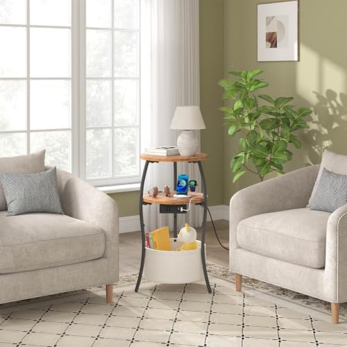 sthemc 3-Tier Small Round End Table Livingroom with Charging Station,Basket - Image 5