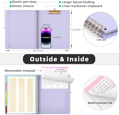 Ospelelf Foldable Spiral Clipboard Folio with Storage Zipper Pouch, 5 Plastic Folders with 10 Pockets, Refillable Lined Notepad (11" x 8.5"), Linen Hardcover Project Organizer (Light Purple) - Image 3