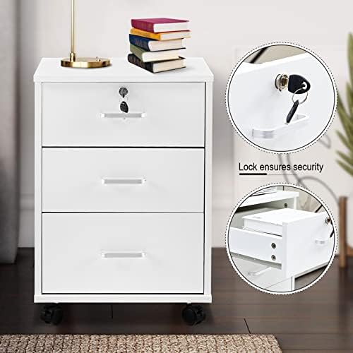 OFCASA 3 Drawer File Cabinet with Lock, Small Rolling Filing Cabinets for Home Office, Wooden Under Desk File Cabinet with Wheels, Mobile Storage Cabinet Printer Stand, for Letter/Legal/A4 Size, White - Image 4