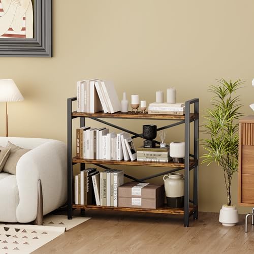 3 Tier Bookshelf 31.49" Width, Wood and Metal Etagere Bookcase, Vintage Farmhouse Modern Wooden Big Book Shelf for Home Living Room Bedroom Office Storage(Rustic Brown) - Image 7
