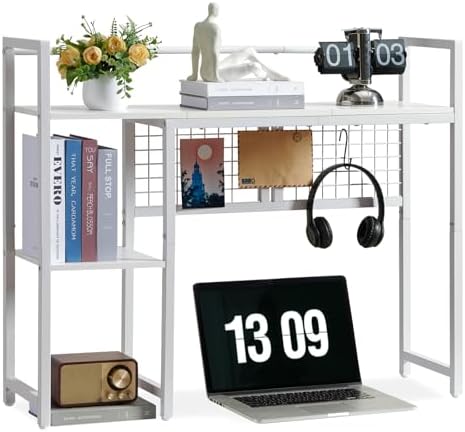 4-Tier Desk Hutch Shelf with Grid Panel, 36” Desktop Bookshelf for Monitor, Office & Home (White, 36") by Grecodown