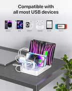SooPii Premium 6-Port USB Charging Station Organizer for Multiple Devices, 6 Short Charging Cables and One Upgraded i-Watch Charger Holder Included, for Phones, Tablets, and Other Electronics, White - Image 6