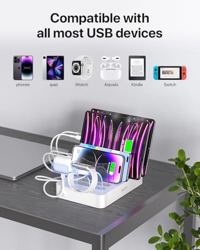 SooPii Premium 6-Port USB Charging Station Organizer for Multiple Devices, 6 Short Charging Cables and One Upgraded i-Watch Charger Holder Included, for Phones, Tablets, and Other Electronics, White - Image 6