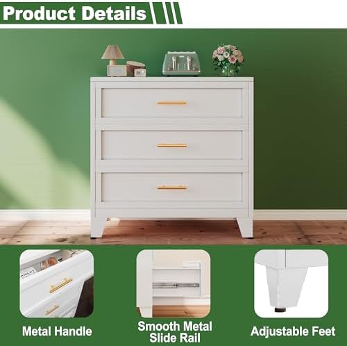 Ckzbx Metal Dresser Under Desk Metal Filing Cabinets, 34.25" H Drawer Chests of Drawers for Office, Garage (3 Drawers White 31.5inch Wide) - Image 5