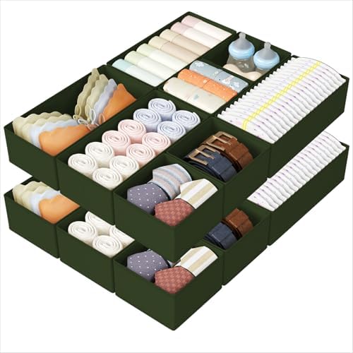 DIMJ Drawer Organizers Clothes, Set of 16 Dresser Organizer Bins, Fabric Closet Organizers and Storage, Shallow Drawer Dividers for Nursery, Clothing, Baby Clothes, Socks, Underwears, Tie (Green) by DiMJ