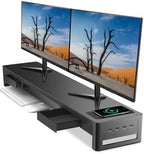 meatanty Dual Monitor Stand Riser with 2 Drawers,4 USB Ports and Charging Pad,Metal Monitor Stand for 2 Monitors Supports Transfer Data and Charging,Desk Organizer for PC,iMac(38.7 inches) by Meatanty