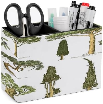PU Leather Multi-Compartment Pen Holder Desktop Organizer Pencil Cup Storage Caddy for Office Home Supplies Hand Drawn Trees Pine Olive Olive Cypress Forest Growth Outdoor Ecology by Unknown