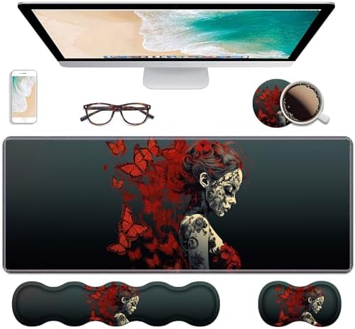 Ergonomic Keyboard Wrist Rest & Mouse Pad Wrist Rest Set, Large Gaming Desk Mat 31.5"x 11.8" with Non-Slip Base, Memory Foam, Easy Typing Pain Relief for Home & Office, Tattooed Girl and Red Butterfly by Unknown