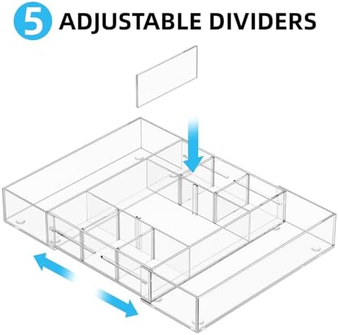 Marbrasse Acrylic Expandable Drawer Organizer, Clear Desk Drawer Organizer Tray with 5 Dividers, Desk Organizers and Accessories, 10 Adjustable Compartments for Office Supplies, Makeup & Vanity - Image 3