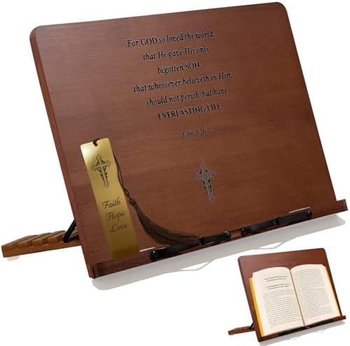 Large Bible Stand Holder, Christian Gifts for Women Men Faith, Spiritual Gifts Decor - Adjustable Bamboo Wooden Book Stand for Reading Hands Free, Cookbook Stand with Sturdy Page Clips by Unknown