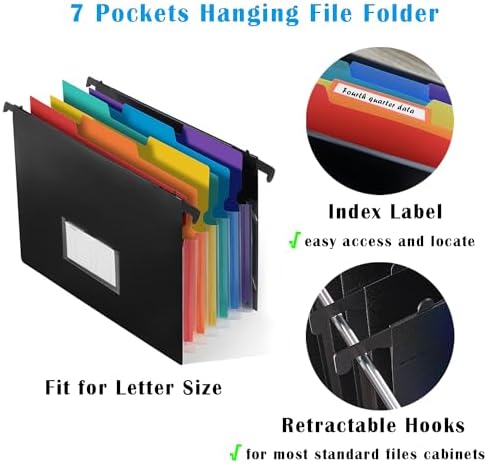 7-Pockets Hanging File Folder with Retractable Hooks for Filing Cabinet, Letter Size Expandable Accordion File Organizer with Elastic Band for File Frame or On-The-Go Use (3 Pack) - Image 4