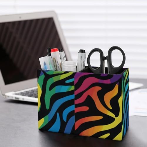 Pens Holder, Pencils Holder for Desk Organizer, Rainbow Animal Zebra Print PU Leather Pencil Cups Desktop Stationery Storage Makeup Brush Holder Pens Organizer for Office Home - Image 5