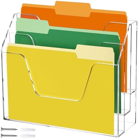 Wall Hanging File Folder Organizer for Desk, 3-Tier Acrylic Magazine Rack Wall Mount File Holder, Clear Paper Document Office Organizer - 1 Pack by Tfirhuoe