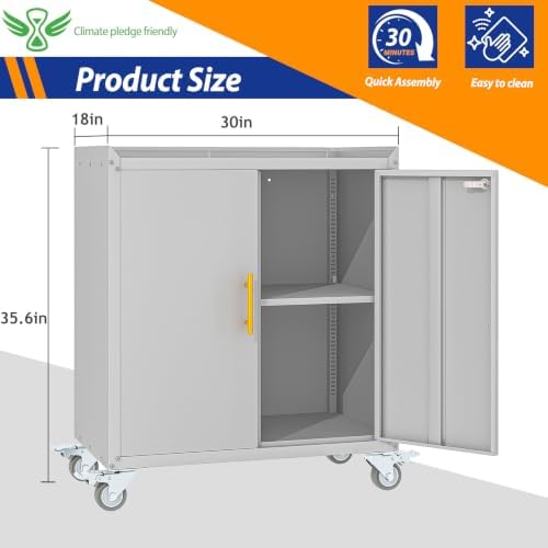 GAIOUS 35.6'' Tall Metal Garage Storage Cabinet with Wheels,Rolling File Cabinet with Lock and Adjustable Shelves,Outdoor Steel Tool Cabinet for Home,Office,Garage,White Gray - Image 3