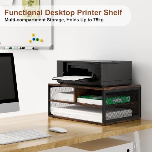 2 Tier Printer Stand with Storage, Wooden Printer Shelf with Metal Frame, Desktop Paper Organizer for Home Office, Multi-Functional Desk Rack for Fax Scanner, Brown - Image 3