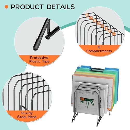 Incline Sorter Desk File Organizer, Metal Desk Magazine Folder Holder with 8-Section Vertical Compartments Rack File Organizer for Office, Home, School - Image 5